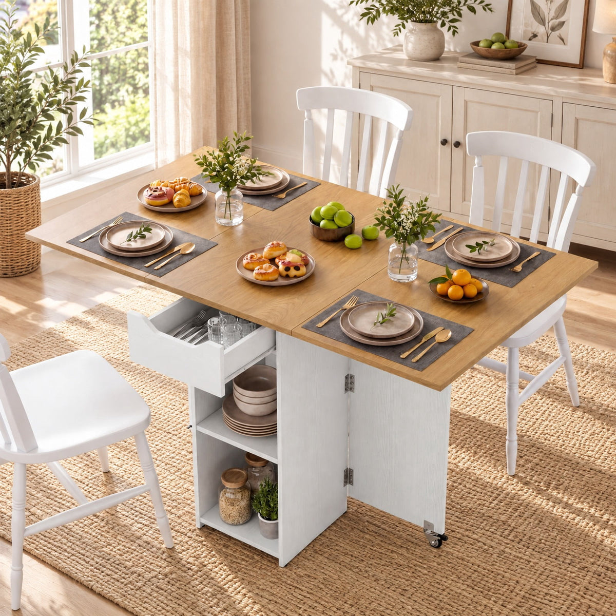 Airfind 47.5 Inch Farmhouse Extendable Wooden Dinner Table with Lockable Wheels, 88 Lbs Capacity, Engineered Board MDF, Oak