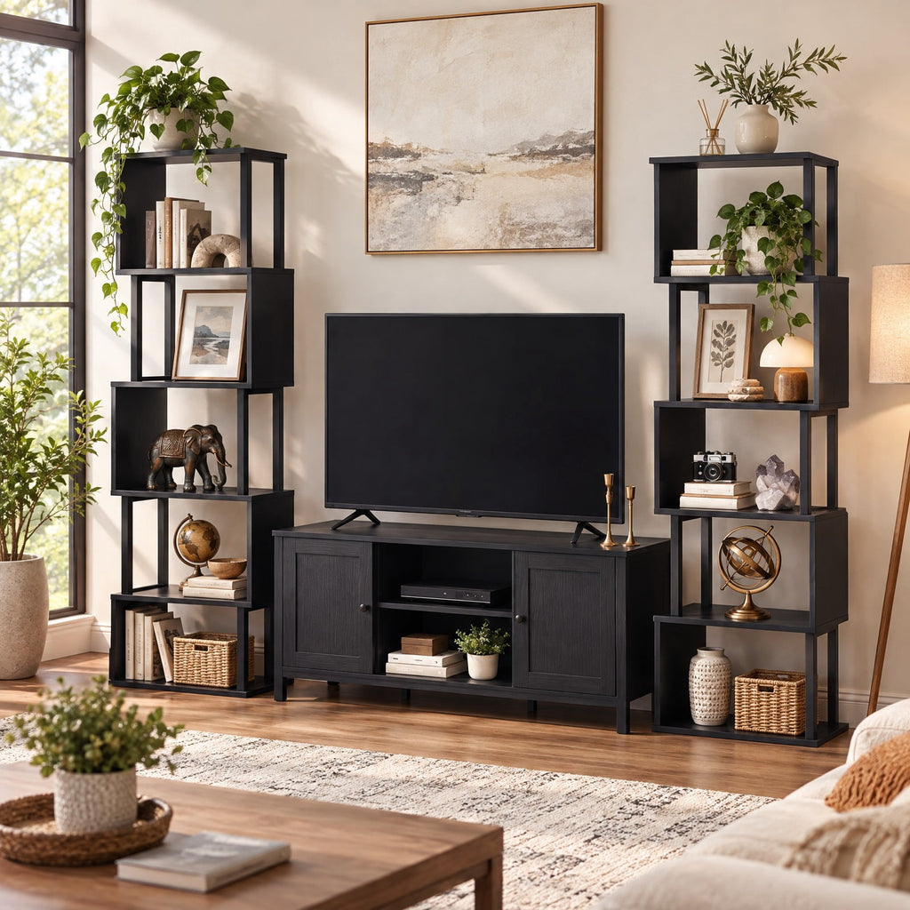 Airfind 5-Tier S-Shaped Bookshelf w/ Open Cubes Anti-toppling Kits for Living Room, 22 lbs Capacity, Engineered Wood Frame, Black