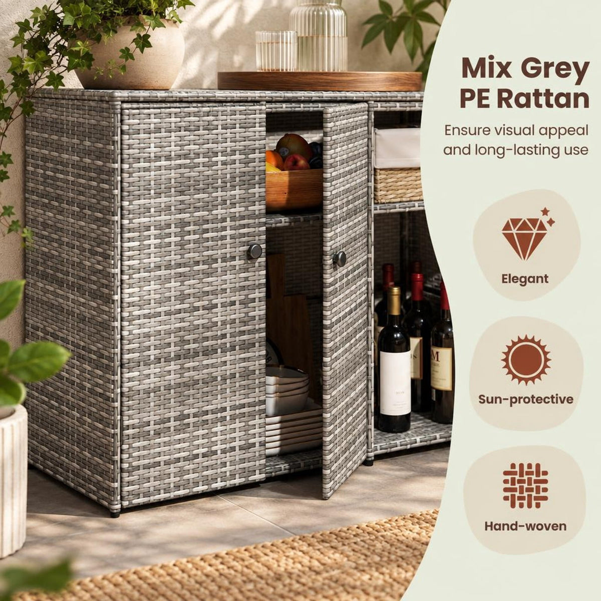 Airfind 3 Doors Outdoor PE Wicker Storage Cabinet for Deck, 110 lbs Capacity, PE Rattan Metal Frame, 48 x 17 x 40 Footprint, Gray