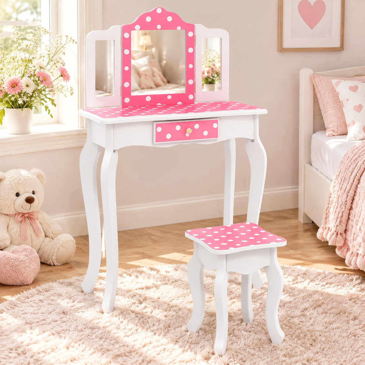 Airfind Princess Pretend Play Makeup Dressing Table with Cute Polka Dot Print, 66 lbs Capacity, MDF Acrylic Frame, for 3-7 Years Old, Pink