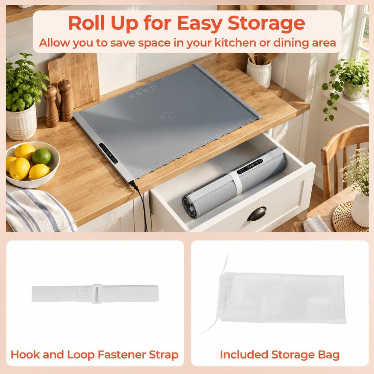 Airfind Food Warming Mat Rollable and Portable Electric Warming Tray with Fasting Heating, Silicone ABS Unfolding Frame, Gray