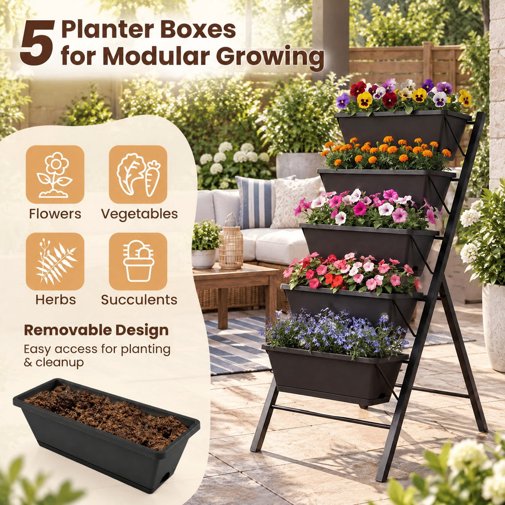Airfind 5, 22 lbs Capacity, PP Metal Frame, 23 x 27 x 44 Footprint, Black, 5 planter boxes for modular growing