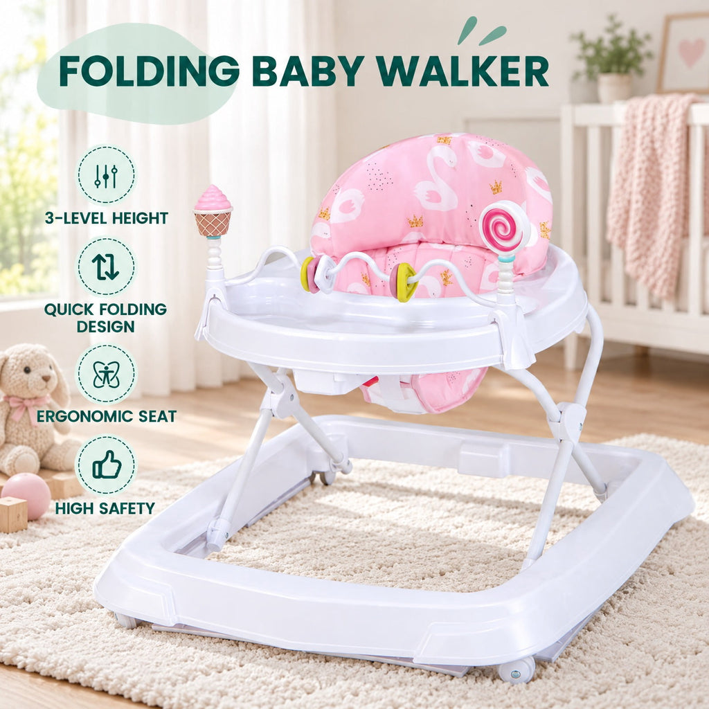Airfind Foldable Baby Activity Walker with Adjustable Height and Detachable Seat Cushion, 30 lbs Capacity, PP Metal Frame, for 6-36 Months Old, Pink