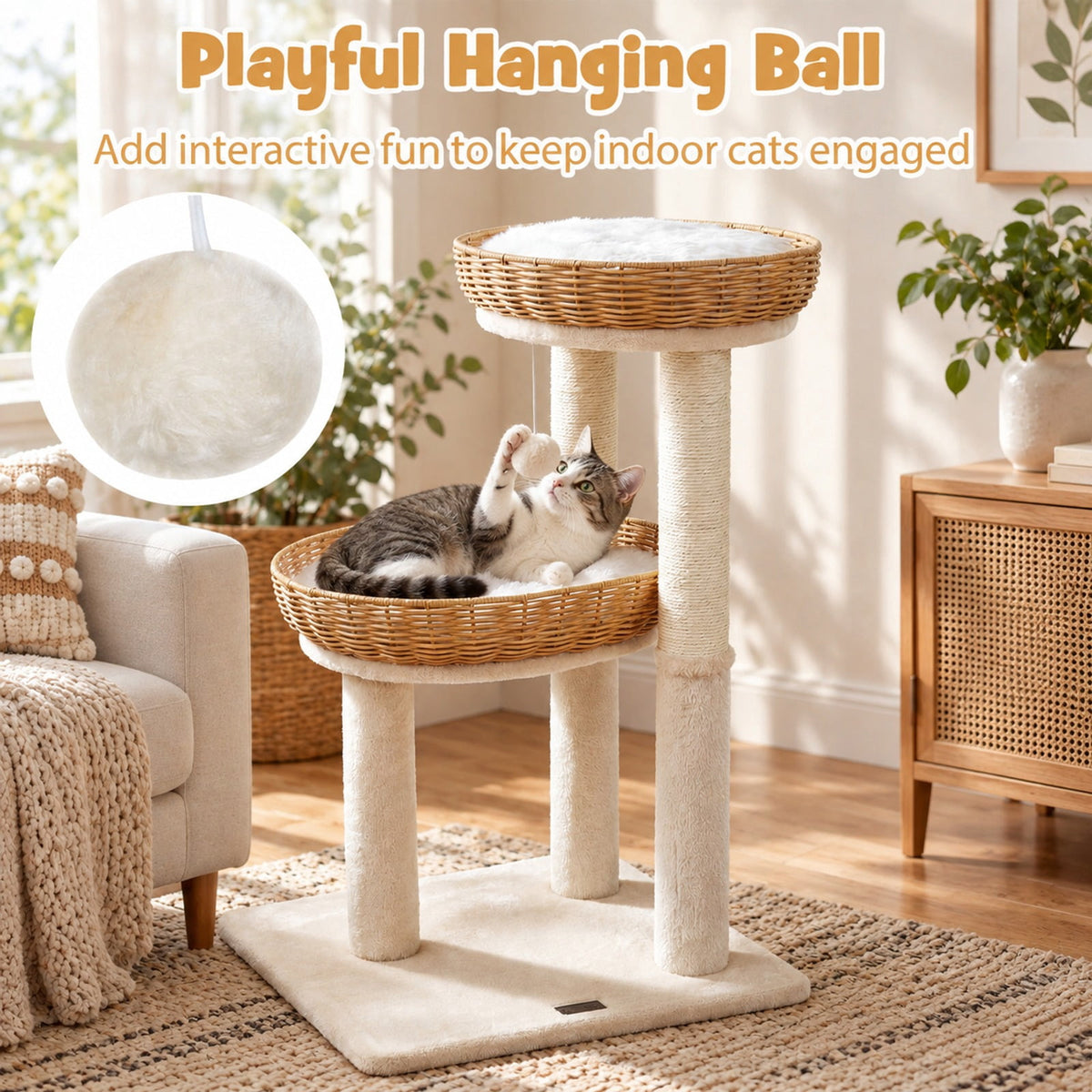 Airfind 30-Inch Cat Tower with 2 Rattan Cat Baskets for Indoor Kittens, 33 lbs Capacity, Engineered Wood Metal Sisal PE Rattan Fabric Frame, Beige