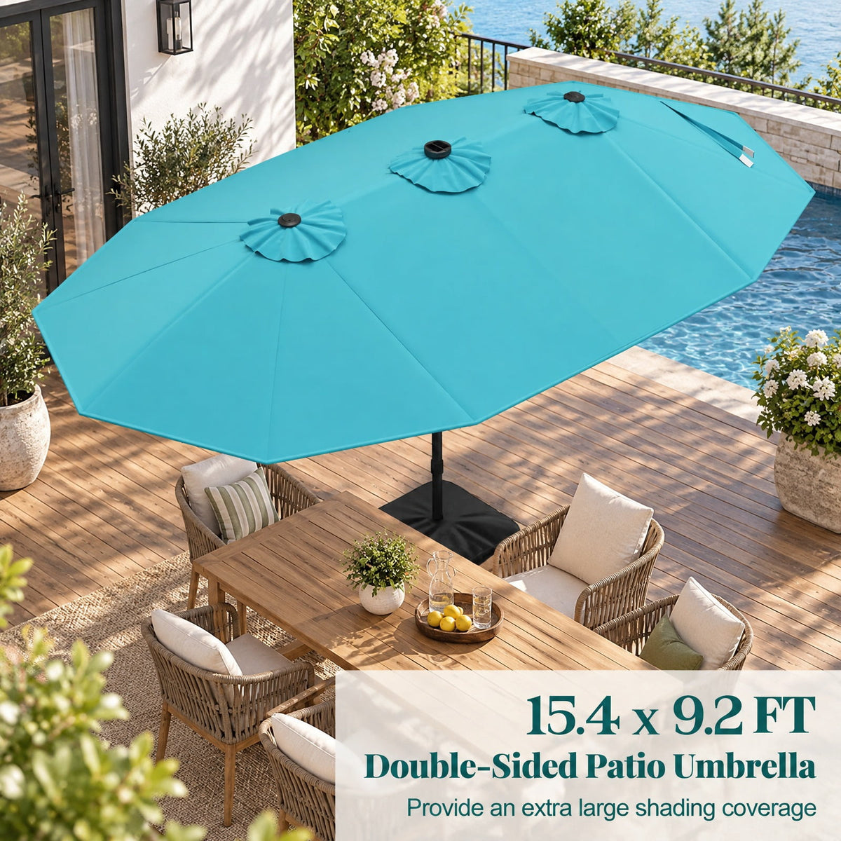 Airfind 15 Feet Double, Sided Patio Umbrella with 48 LED Lights, Turquoise, 48 LED lights are powered by a top solar panel, for Indoor and Outdoor Use