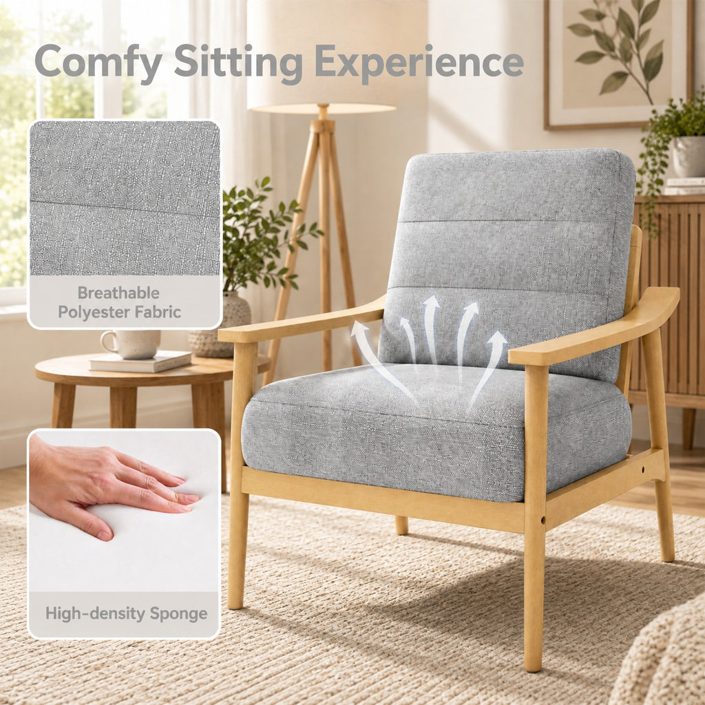 Airfind Modern Accent Chair with Rubber Wood Armrests and Legs for Living Room, 440 lbs Capacity, Natural