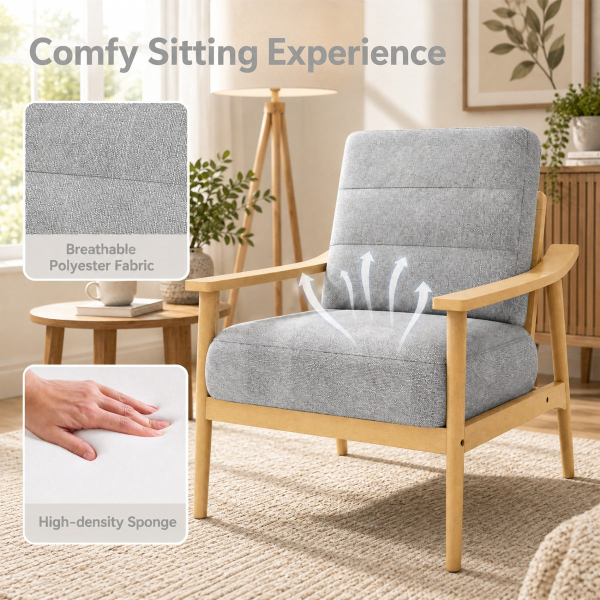 Airfind Modern Accent Chair with Rubber Wood Armrests and Legs for Living Room, 440 lbs Capacity, Natural