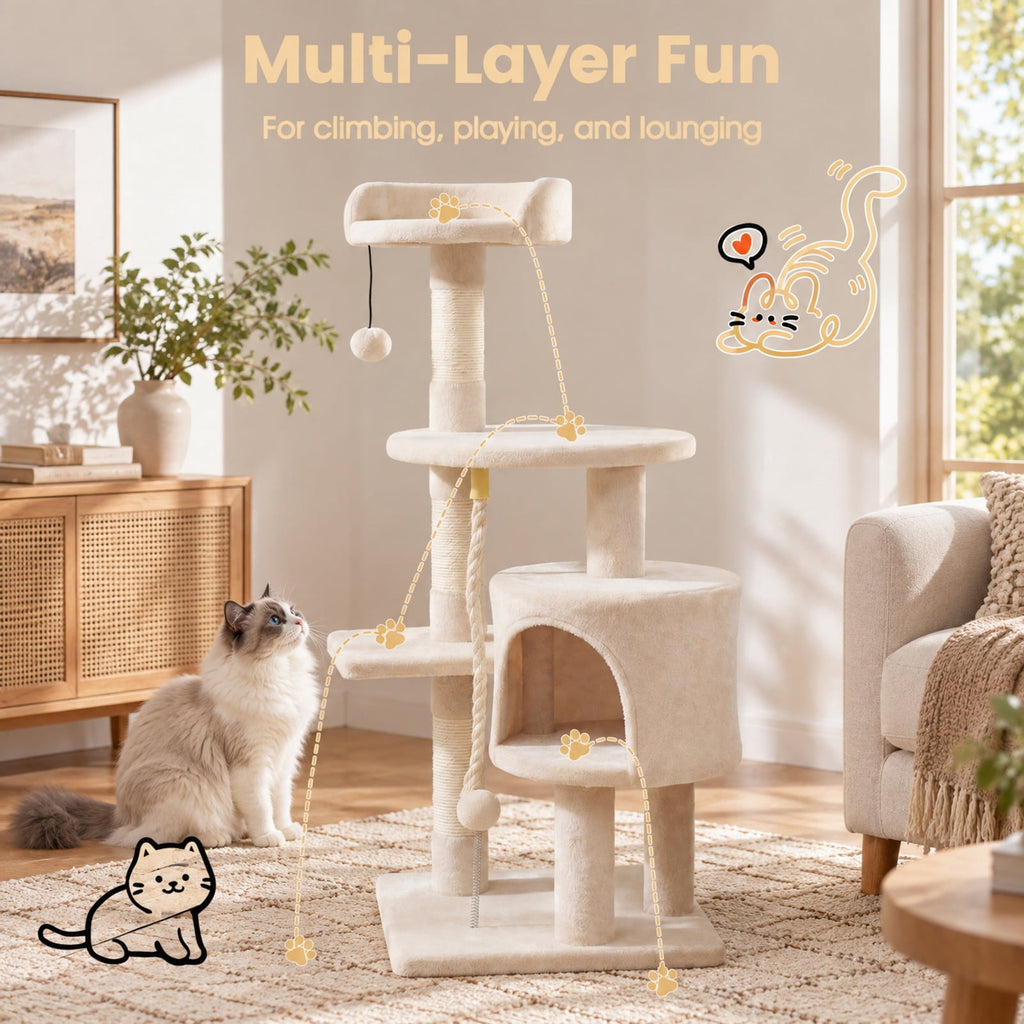 Airfind 36 Inch Tall Kitten Tower with Condo and Plush Perch, 22 Lbs Capacity, Engineered Wood Sponge Plush Fabric Sisal Base, Beige