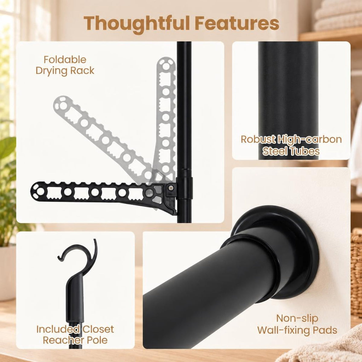 Airfind Adjustable Floor to Ceiling Clothes Rack with 6 Hanging Rods, Metal ABS Overall Frame, Black