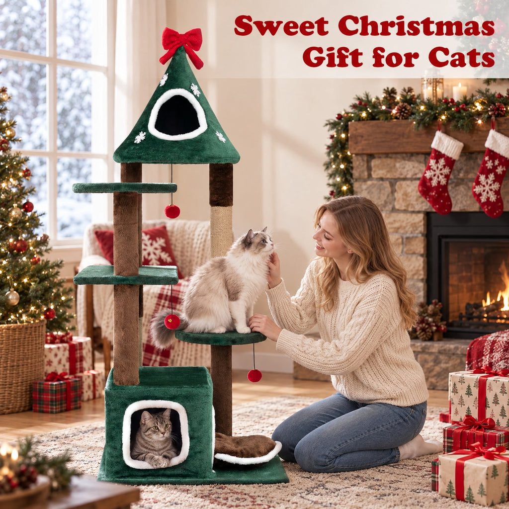 Airfind 54Christmas Cat Tree with 2 Condos and Removable Cushion, 22 lbs Capacity, Engineered Wood Frame, 30 x 24.5 x 54 Footprint, Green