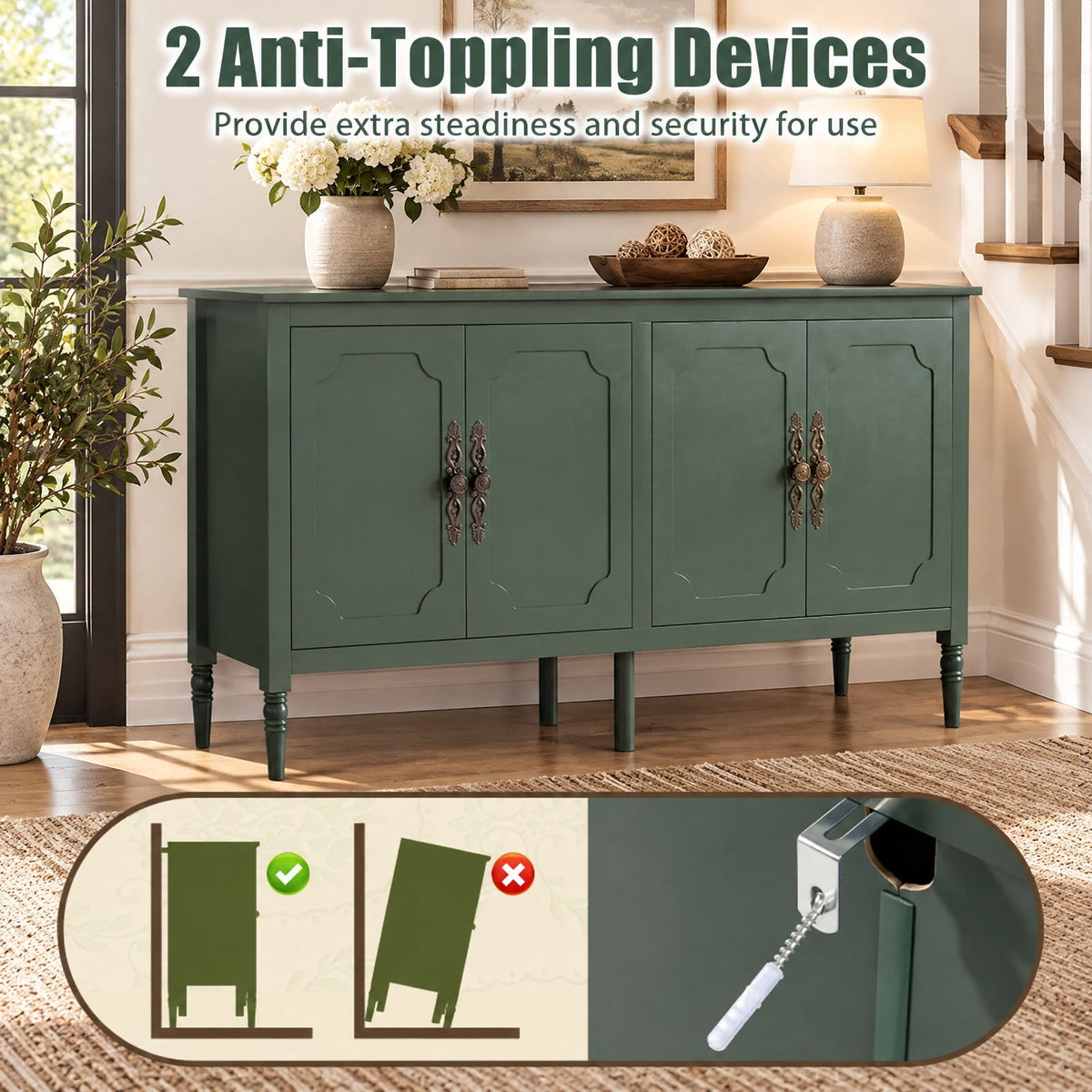 Airfind 58 Vintage Buffet Cabinet with Pine Wood Legs and Adjustable Shelves for Kitchen, 150 lbs Capacity, Engineered Wood Pine Wood Metal Frame