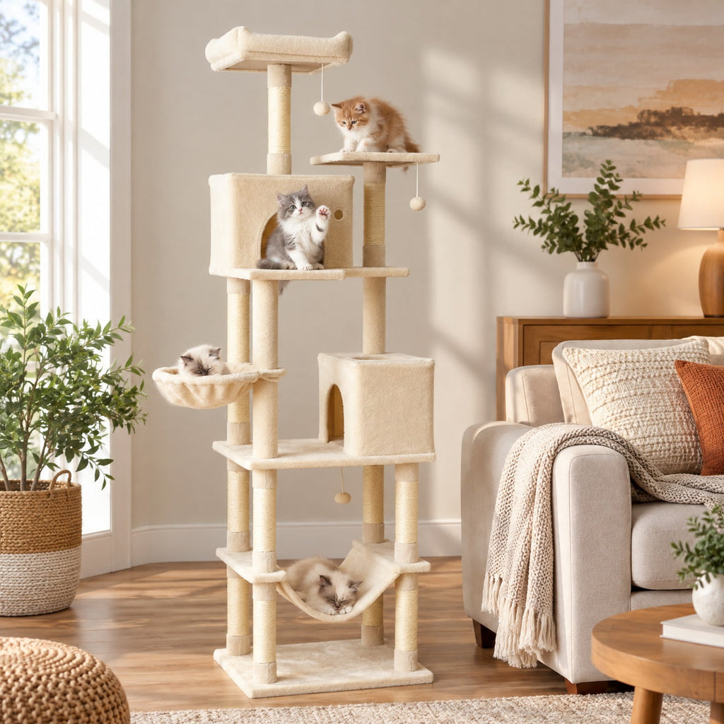 Airfind 80 Inches Tall Cat Tree with 2 Large Condos and Dangling Toys, 33 lbs Capacity, Engineered Board Sisal Plush Fabric Sponge Frame, Beige