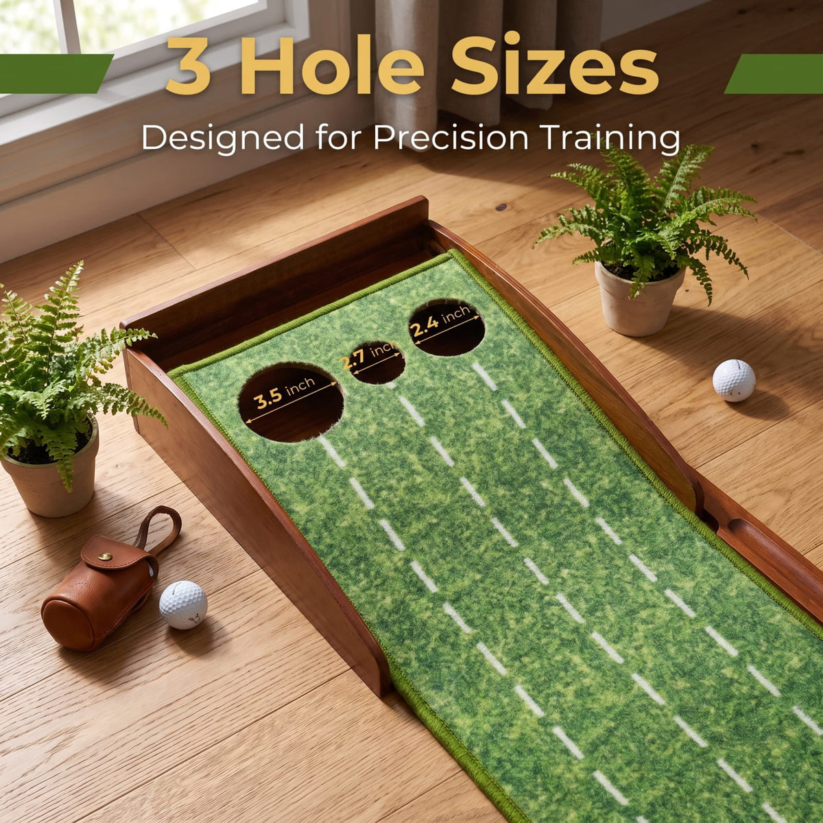 Airfind Golf Putting Mat Practice Training Aid with Auto Ball Return 3 Hole Sizes and Sloped Approach for Indoor Green, Brown