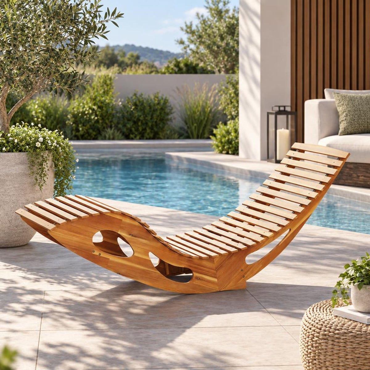 Airfind Acacia Wood Patio Rocking Sun Lounger Chaise Lounge with Ergonomic Curved Seat, 350 lbs Capacity, Acacia Wood Frame, Wood