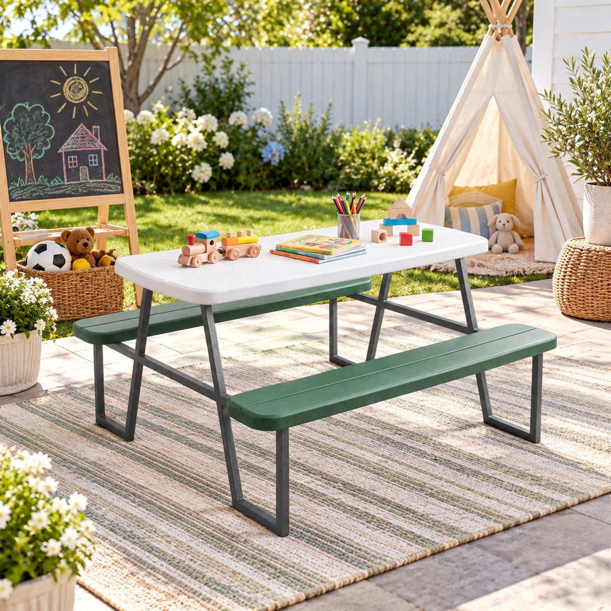 Airfind Kids Picnic Table with Benches Seats up to 4, 660 lbs Capacity, Metal Frame, for 3+ years old, 40 x 39.5 x 59 Tabletop Footprint, Green