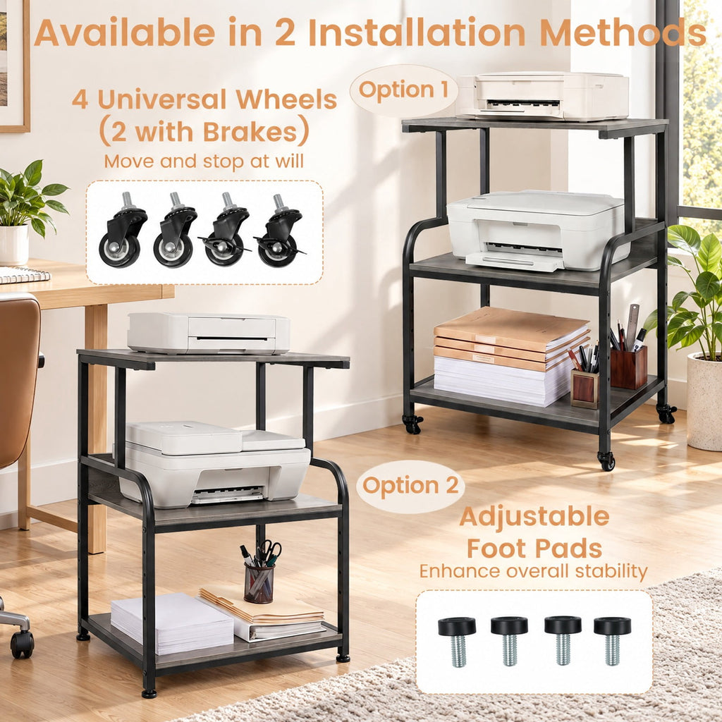 Airfind 3-Tier Rolling Printer Stand with Adjustable Shelf and Lockable Wheels, 44 lbs Capacity, Metal Engineered Wood Frame, Oak
