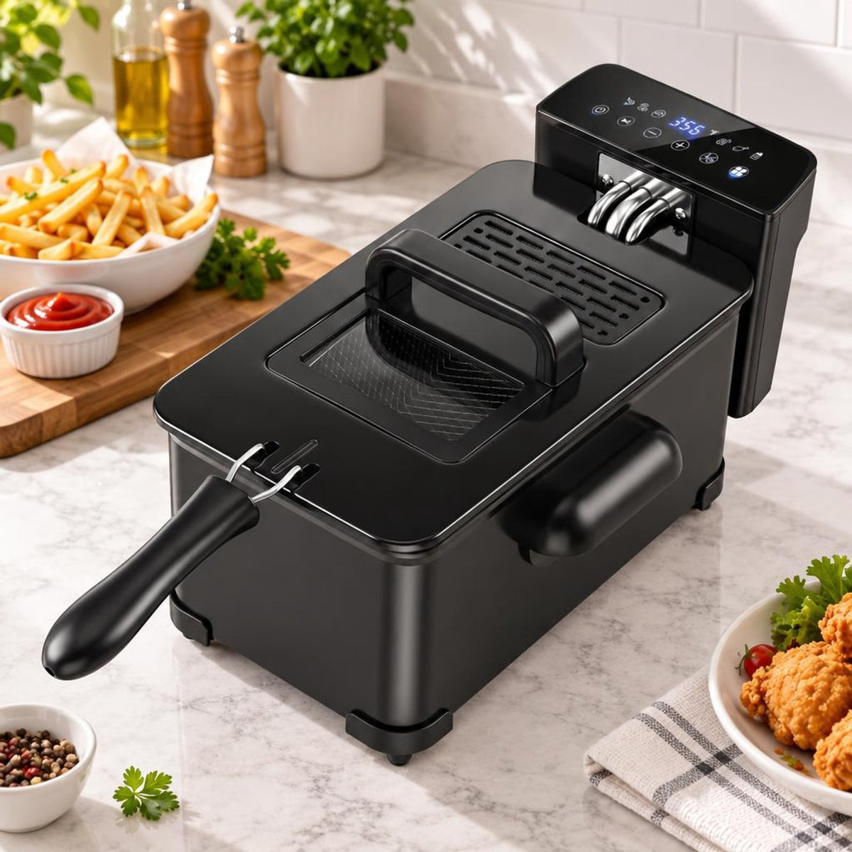 Airfind 3.2-Qt Electric Deep Fryer featuring 1700W LED Touch Screen and Enamel Oil Tank, Stainless Steel PP Enamel Frame, Black