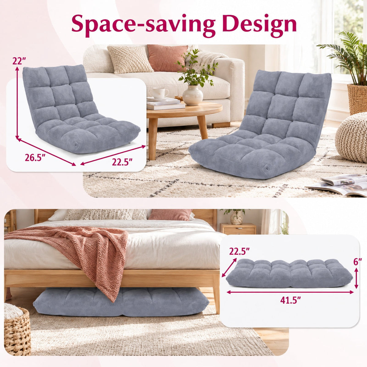 Airfind Adjustable Floor Chair featuring 14-Position Backrest, Thick Cushion, Foldable Steel Frame and 200 Lb Capacity for Living Room, Gray