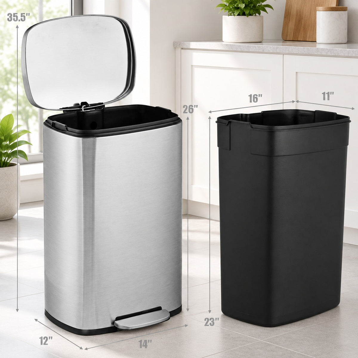 Airfind 13.2 Gallon Stainless Steel Trash Garbage Can with Bucket, PP steel stainless Frame, 17in x 12in x 26in (L x W x H) The Footprint, Silver Main