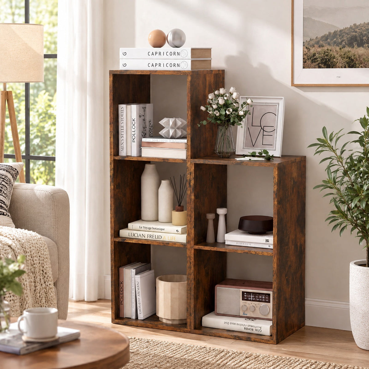 Airfind 3 Cube Bookshelf with Back Guardrail for Living Room Bedroom, Engineered Wood Frame, 14 Inch x 13 Inch x 41 Inch Depth of Bottom Shelf 12 Inch Footprint