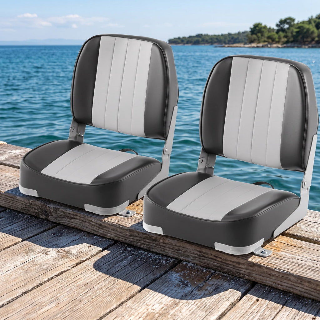 Airfind Folding Low Back Boat Seats 2 Pack with Thick Sponge Cushion and Aluminum Hinges for Cabin Seating and Fishing Boats, Gray and Black