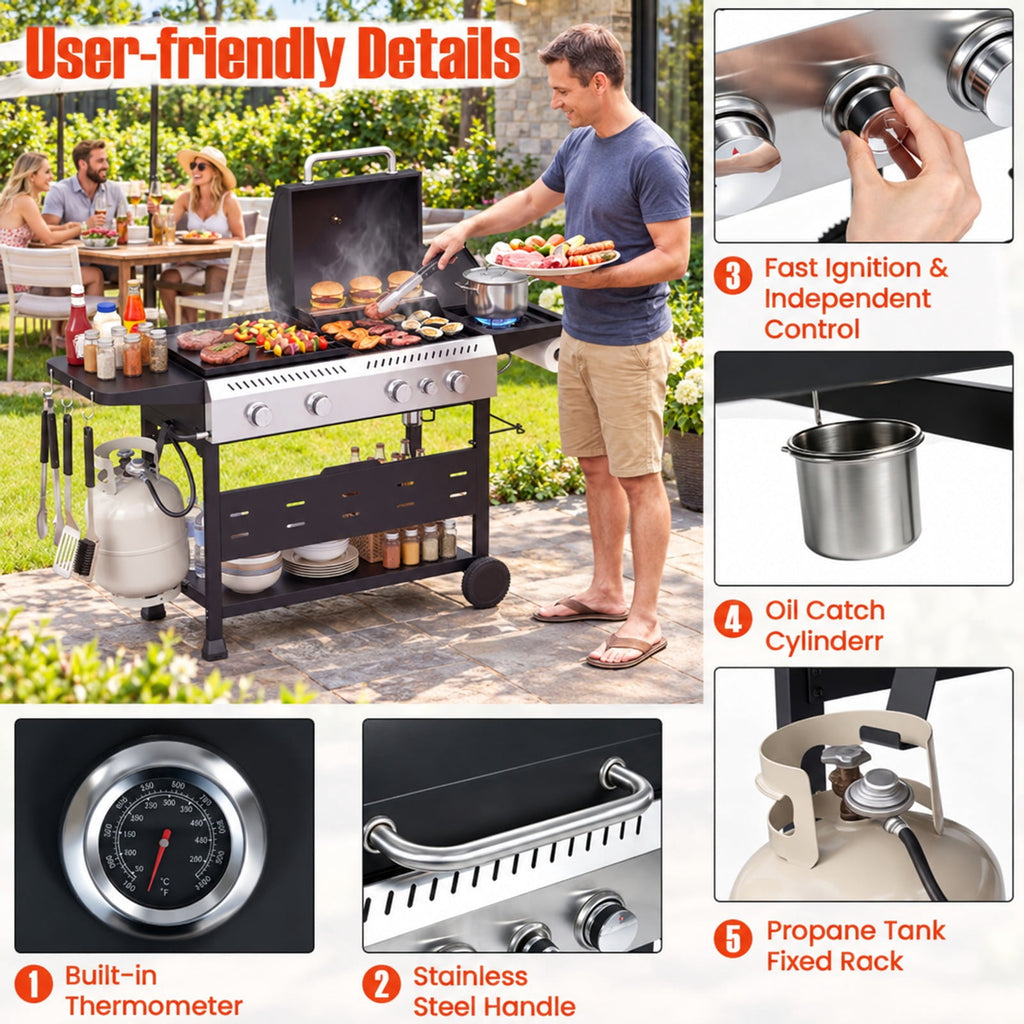 Airfind 5-Burner Propane Gas Grill and Griddle Combo with Side Burner, Metal 201 Stainless Steel Cast Iron PP Frame, Black