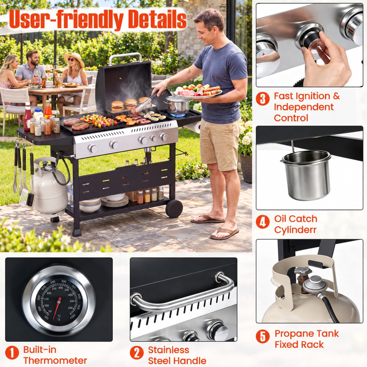 Airfind 5-Burner Propane Gas Grill and Griddle Combo with Side Burner, Metal 201 Stainless Steel Cast Iron PP Frame, Black