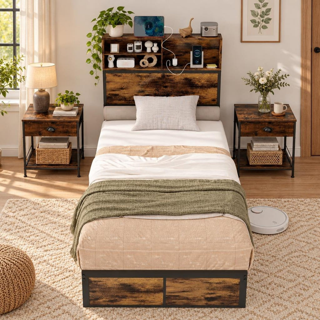 Airfind Twin Size Bed Frame with Storage Headboard Industrial Metal Platform Bed, 485 lbs Capacity, Metal Engineered Wood Frame, Rustic Brown