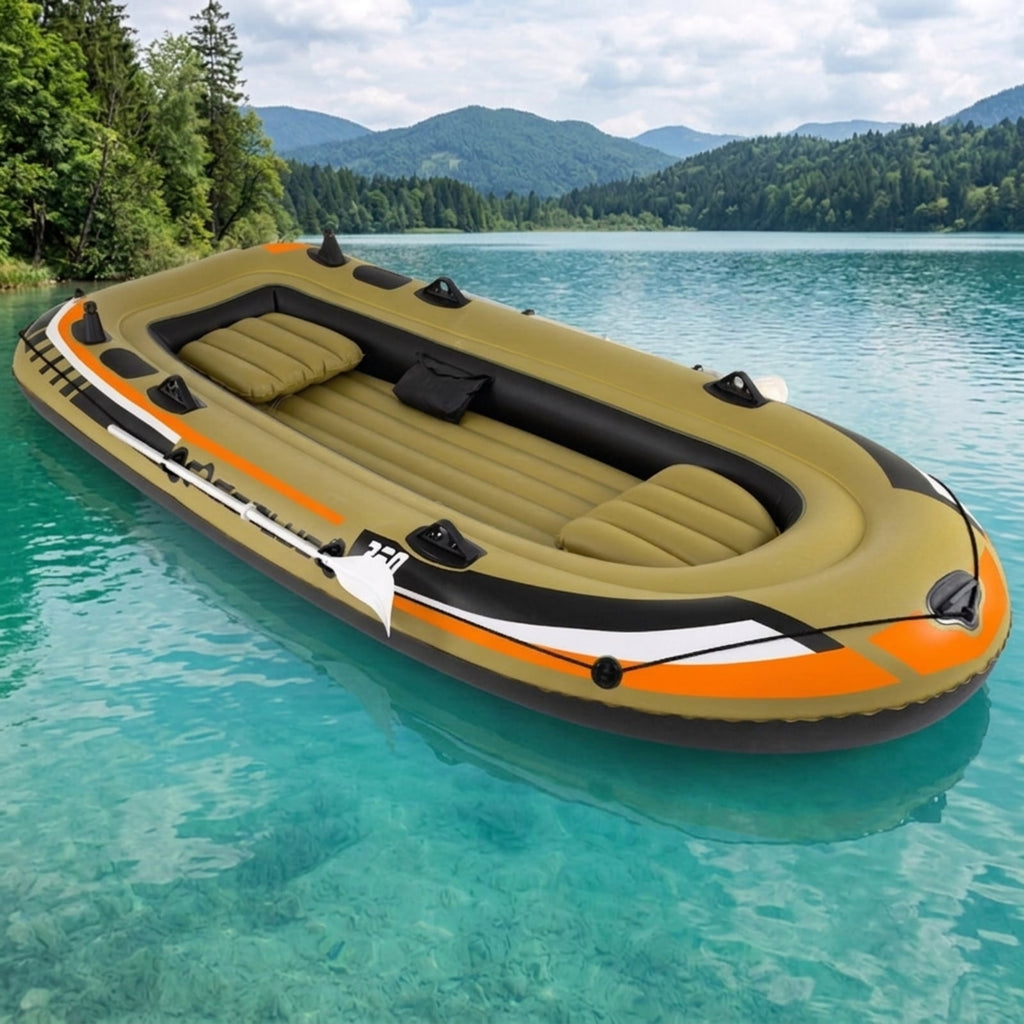 Airfind Heavy Duty Inflatable Fishing Boat 4 Person Raft Set with Aluminum Oars and Rod Holders for Fishing Drifting and Water Adventures, Green