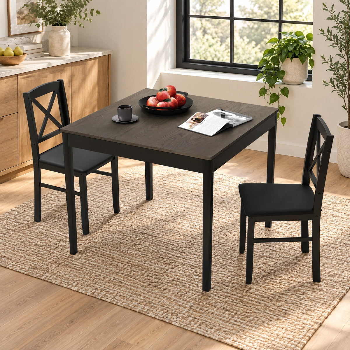 Airfind 3-Piece Dining Table Set Wooden Square Kitchen Table for 2 People, 176 lbs Capacity, MDF Rubber Wood PVC Leather Sponge Plywood Frame, Gray
