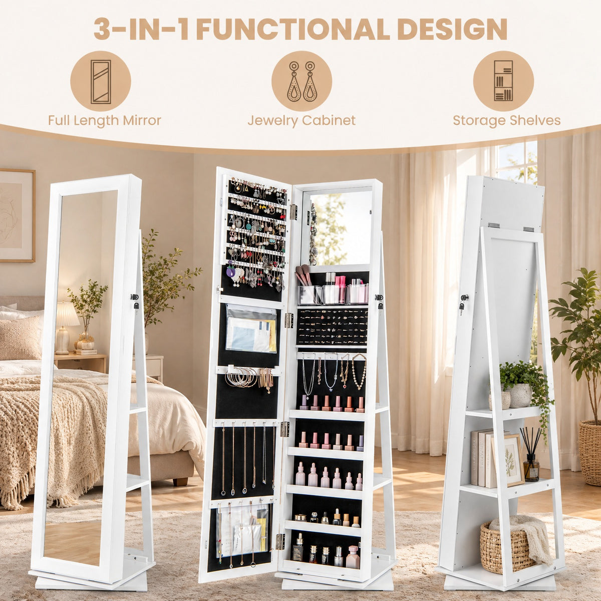 Airfind 360° Swivel Jewelry Armoire Standing Jewelry Organizer with Full Length Mirror and Back Shelves, MDF Glass Frame, White