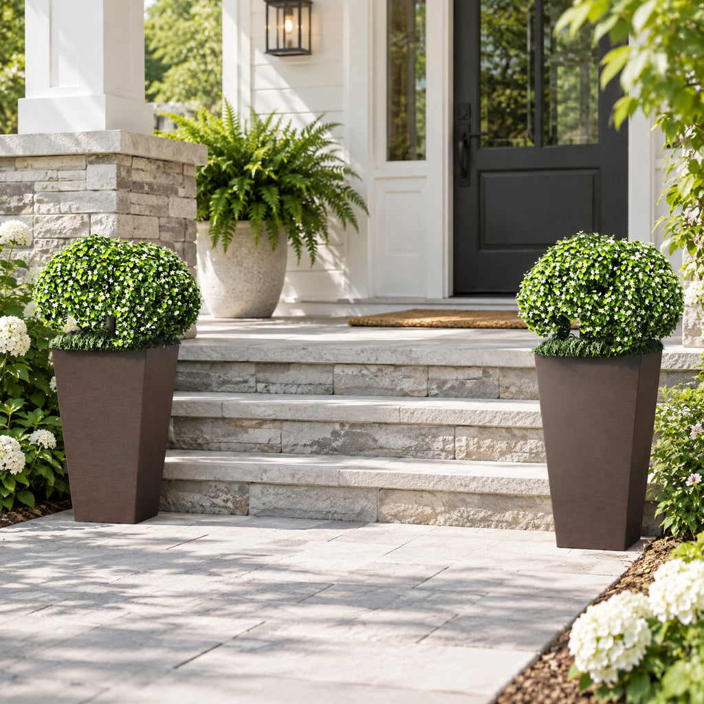 Airfind Set of 2 Square Taper Planter with Removable Inner Bucket and Optional Drainage Hole, PP Frame, 11.5 x 11.5 x 22.5 Footprint, Brown