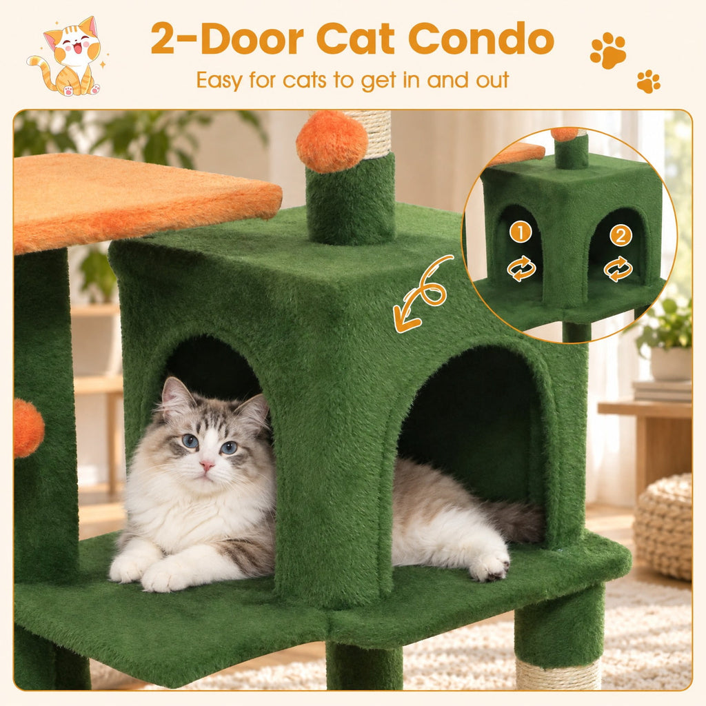 Airfind Multi-Level Cat Tower with 2-Door Condo and Padded Top Perch, PP Cotton Fabric Sisal Engineered Wood Overall Height 44 Base Frame, Green