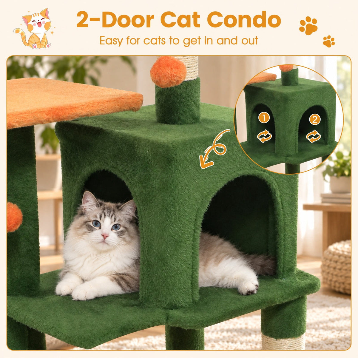 Airfind Multi-Level Cat Tower with 2-Door Condo and Padded Top Perch, PP Cotton Fabric Sisal Engineered Wood Overall Height 44 Base Frame, Green