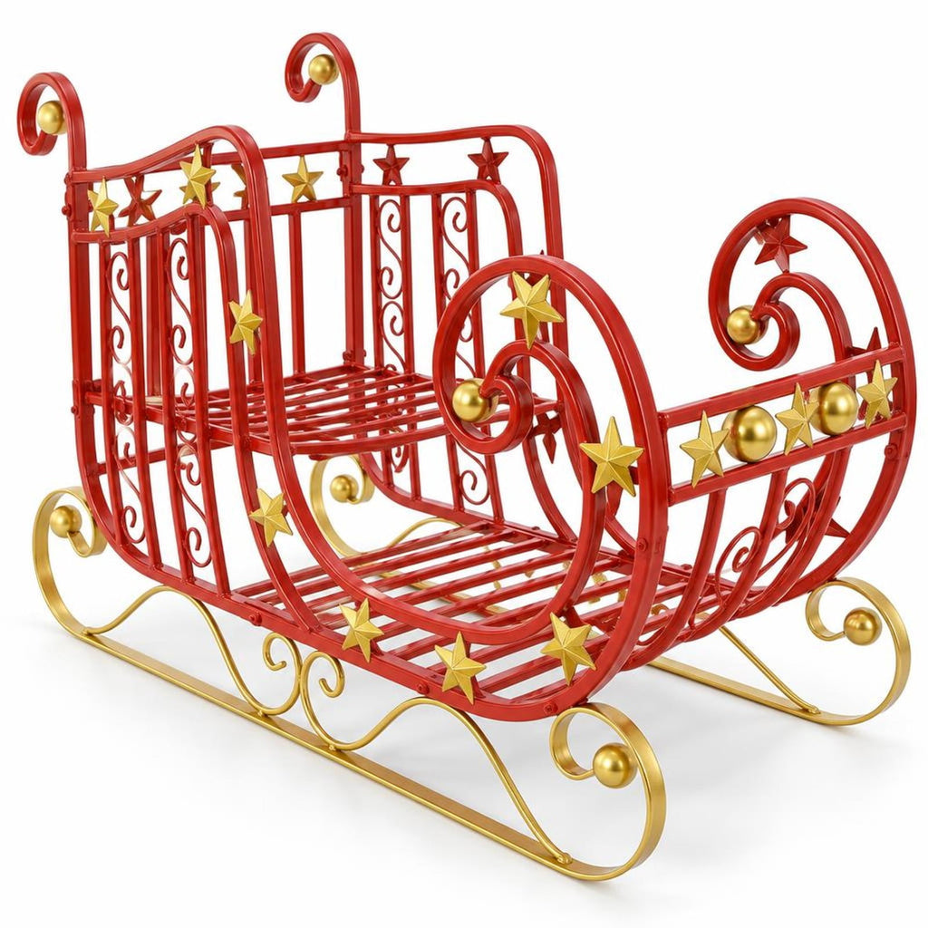 Airfind Metal Christmas Santa Sleigh with Large Cargo Area for Gifts, Metal Frame, 39 Inch x 14 Inch x 24 Inch Footprint, Red + Golden