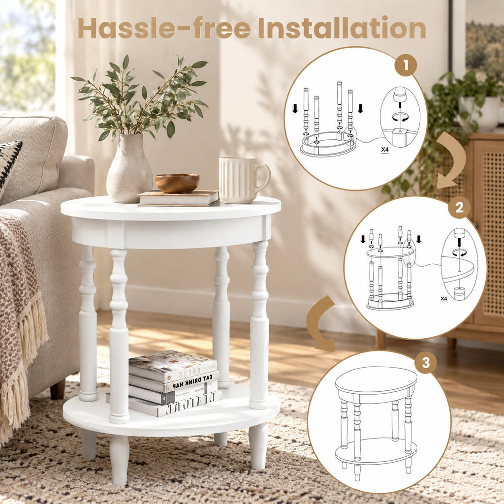 Airfind 2-Tier Oval Side Table with Storage Shelf and Solid Wood Legs, 245 lbs Capacity, MDF Rubber Wood Frame, White