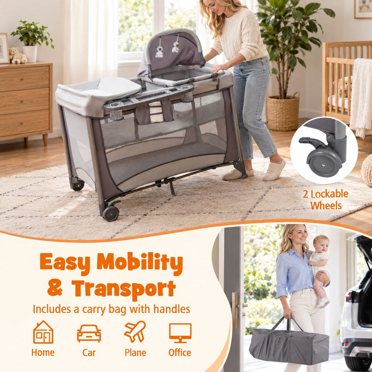 Airfind 5-in-1 Portable Child Playard with Cradle and Storage Basket, 33 Lbs Capacity, Polyester Fabric Sponge Iron PP Basic Child Playard, Gray