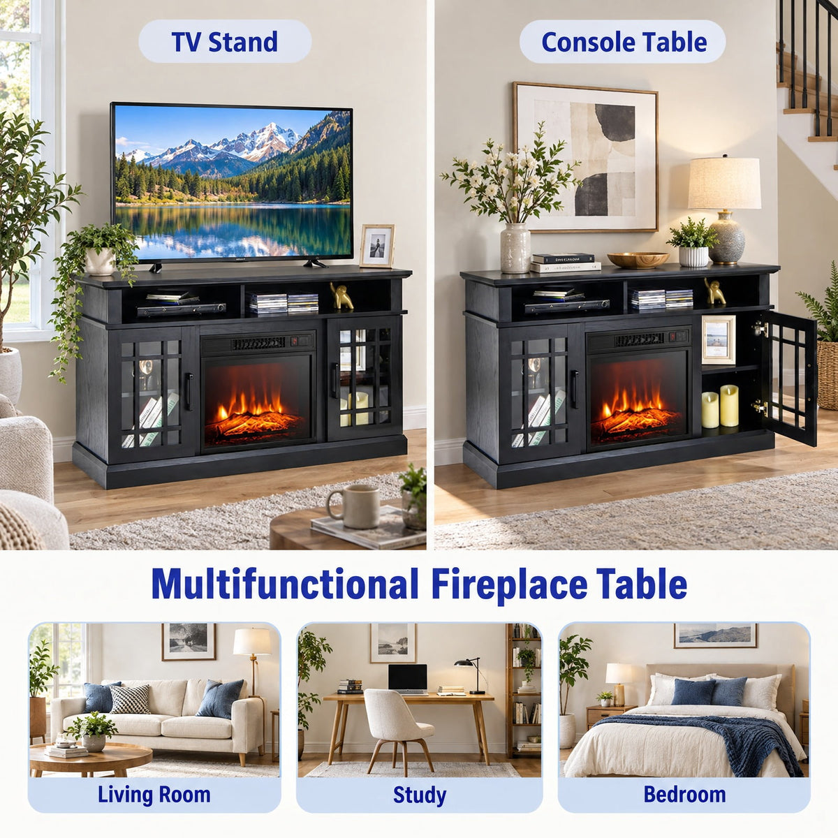 Airfind 48 Inch Electric Fireplace TV Stand with Cabinets for TVs up to 55 Inch, 70 Lbs Capacity, 48 Inch X 16 Inch X 30 Inch, Black