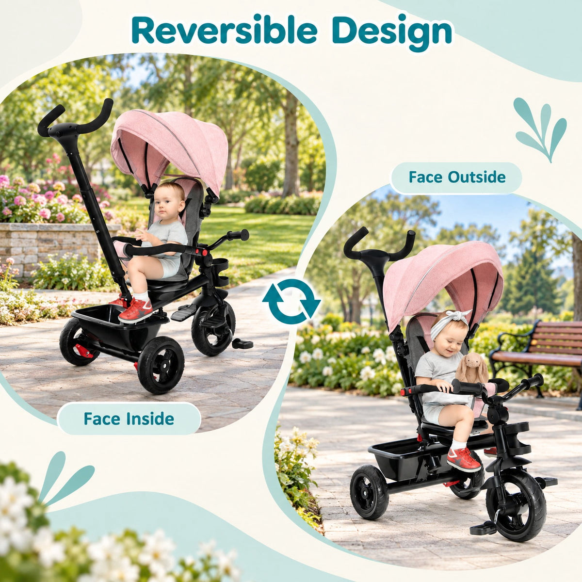 Airfind 4-in-1 Baby Tricycle Toddler Trike with Convertible Seat, 55 lbs Capacity, Steel polyester fabric PP EVA Frame, Pink