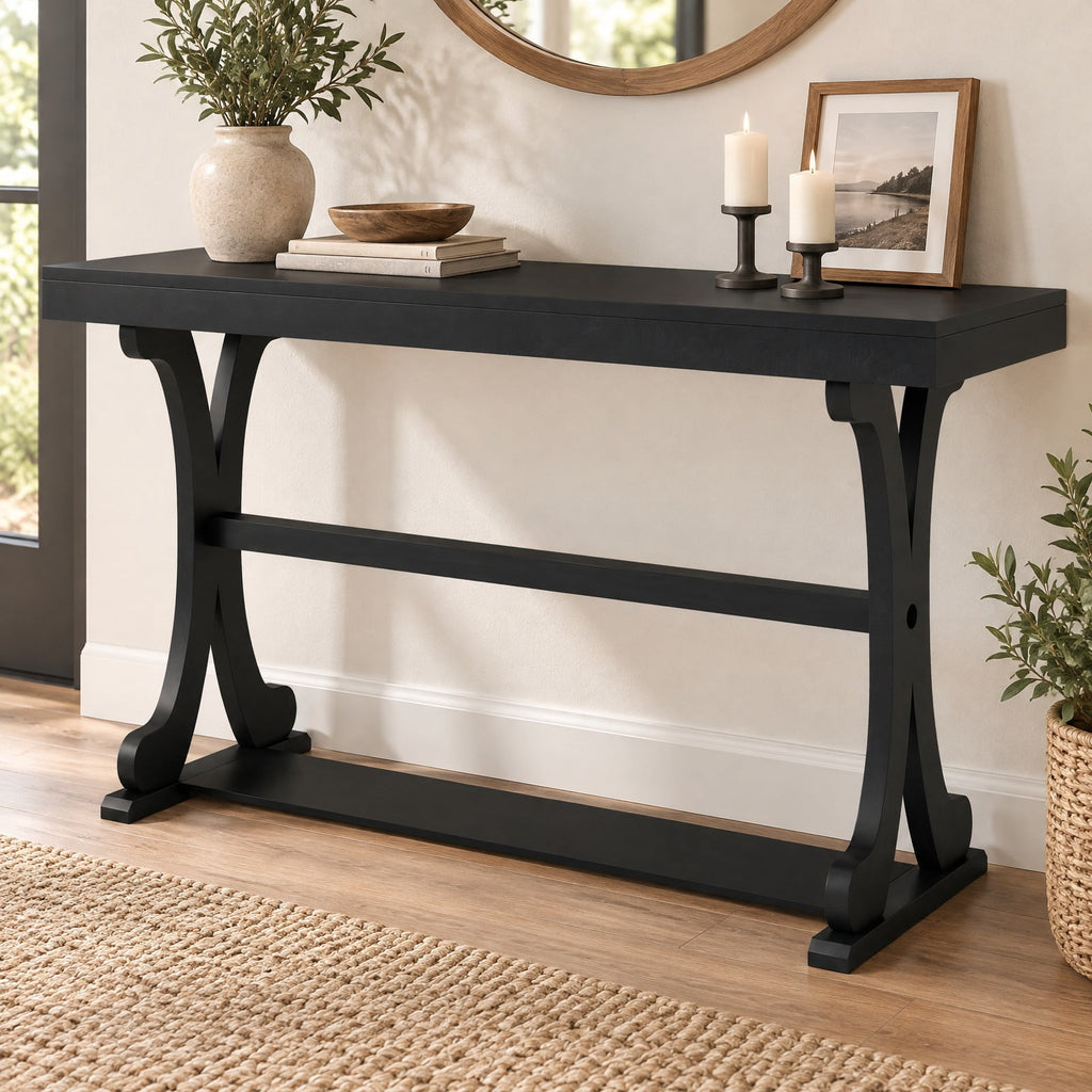 AIRFIND Console Table with Open Storage Shelf, 52 in Vintage Entryway Table with Curved Solid Wood Legs and Adjustable Feet, Black