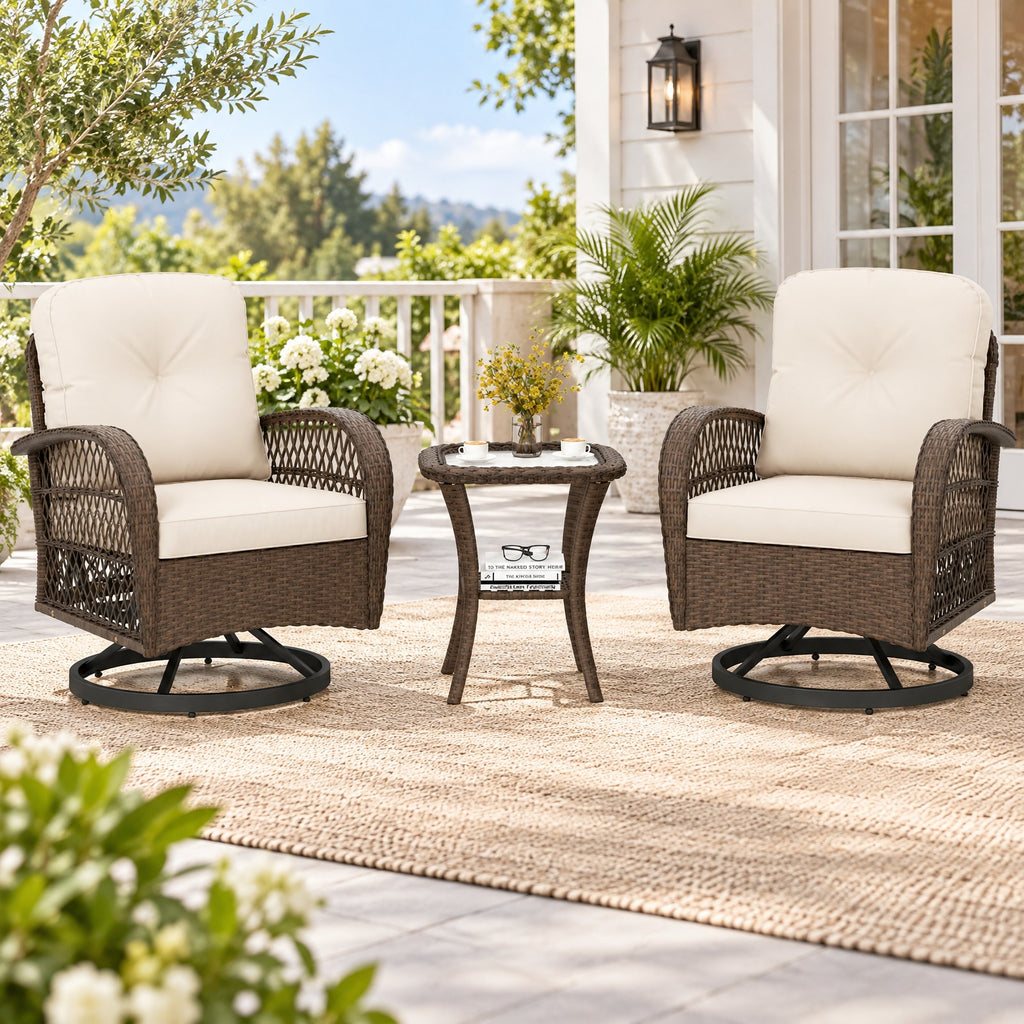 AIRFIND Patio Swivel Rocker Set of 3 with Cushioned Chairs, Tempered Glass Side Table and Metal Frame, 400 lb Chair Capacity, White