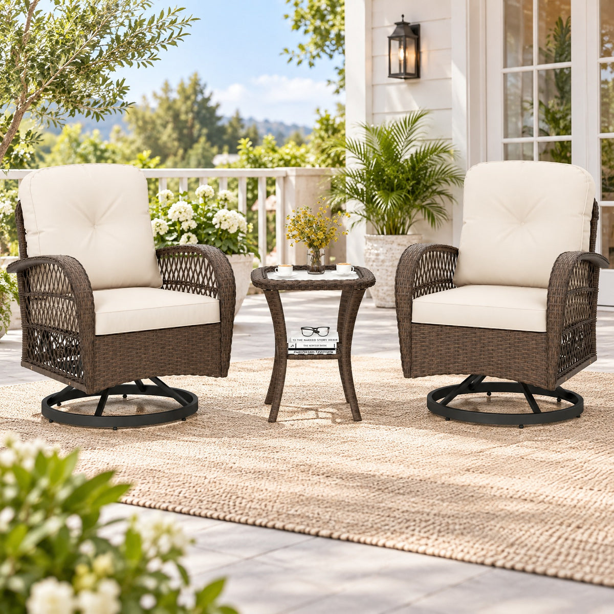 AIRFIND Patio Swivel Rocker Set of 3 with Cushioned Chairs, Tempered Glass Side Table and Metal Frame, 400 lb Chair Capacity, White