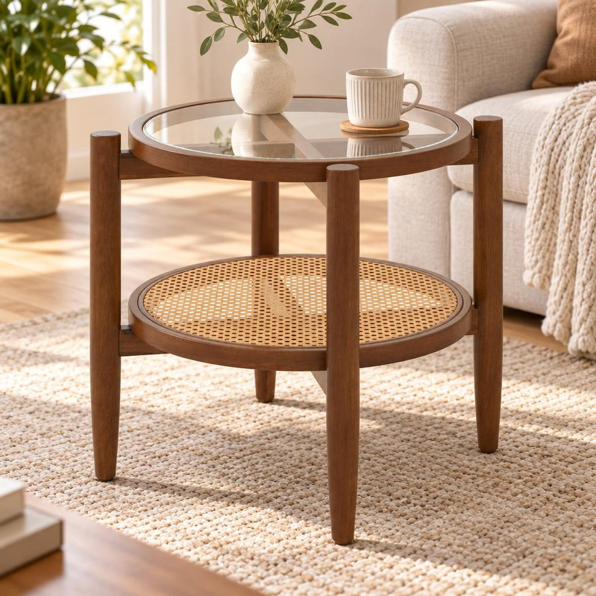 Airfind Rattan Round Side End Table with Tempered Glass Tabletop, 77 Lbs Capacity, Acacia Wood Plywood Tempered Glass PE Rattan, Walnut