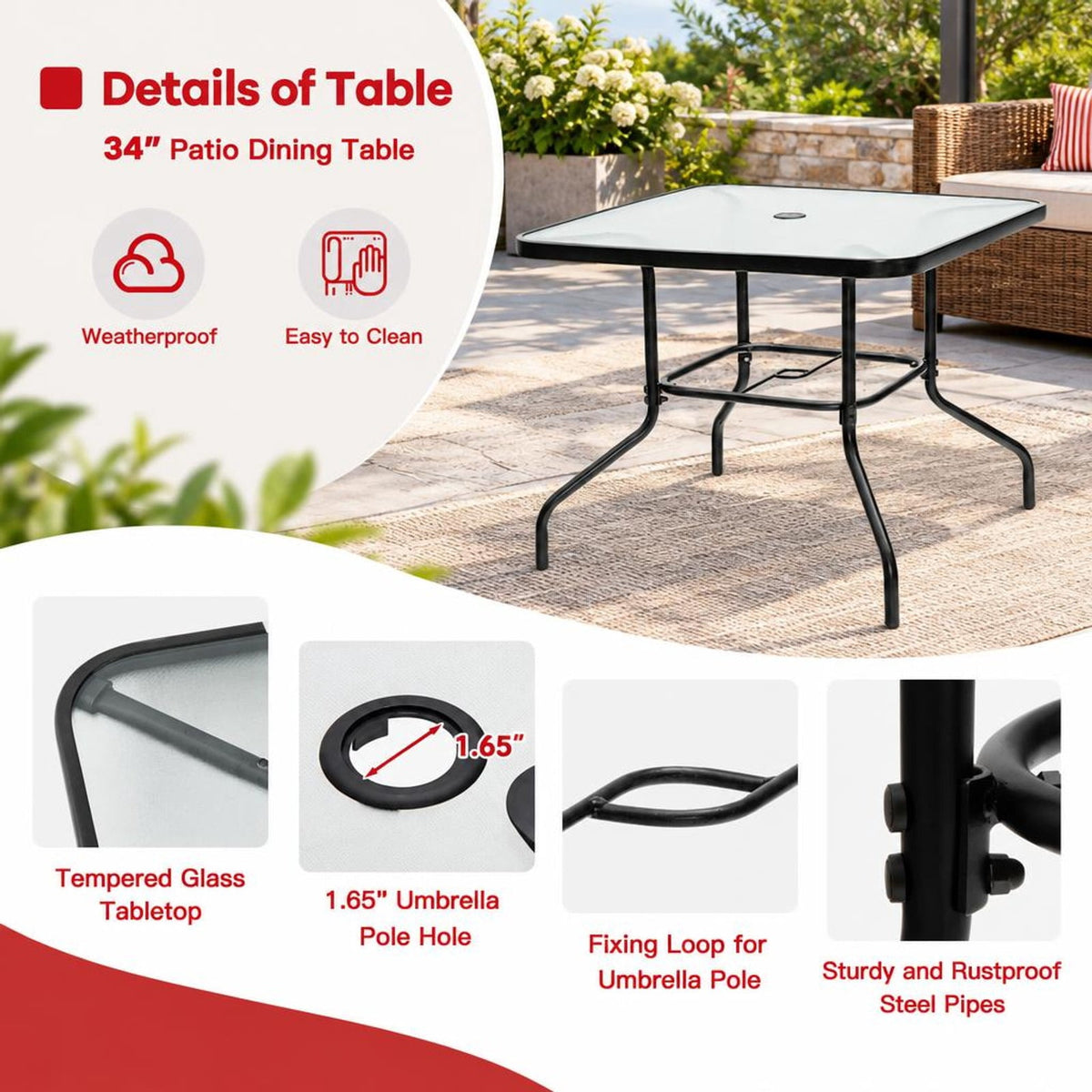 Airfind 35 Inch Patio Dining Square Tempered Glass Table with Umbrella Hole, 200 lbs Capacity, Steel tempered glass Frame, Black