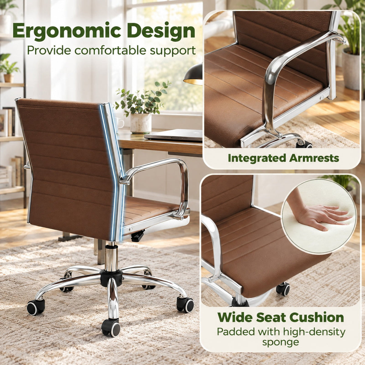 Airfind Office Chair Height Adjustable Conference Room Chair with Rocking Backrest Armrests, 330 lbs Capacity, PU Leather Sponge Metal Frame, Brown