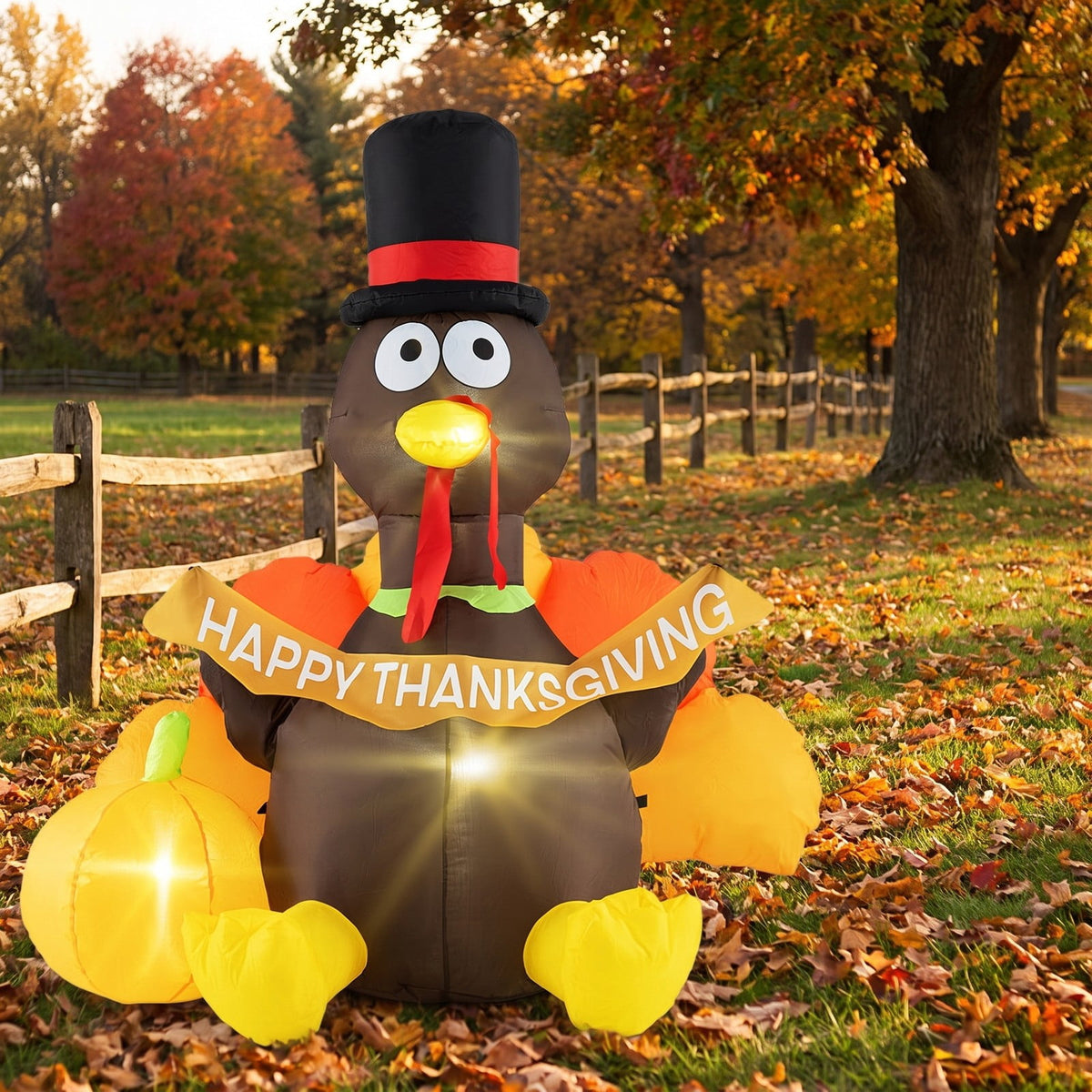 Airfind 5 FT Inflatable Turkey with Pumpkin and LED Lights for Indoor Party, 190T Polyester Fabric, 4.6 x 3.6 x 5 ft Length of