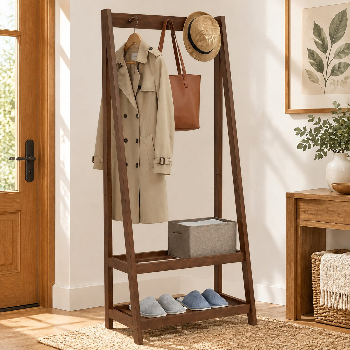 Airfind Freestanding Clothes Rack with 3 Hooks and 2 Shelves, 33 lbs Capacity, Rubber Wood Frame, 13 x 24 x 55 Footprint, Walnut