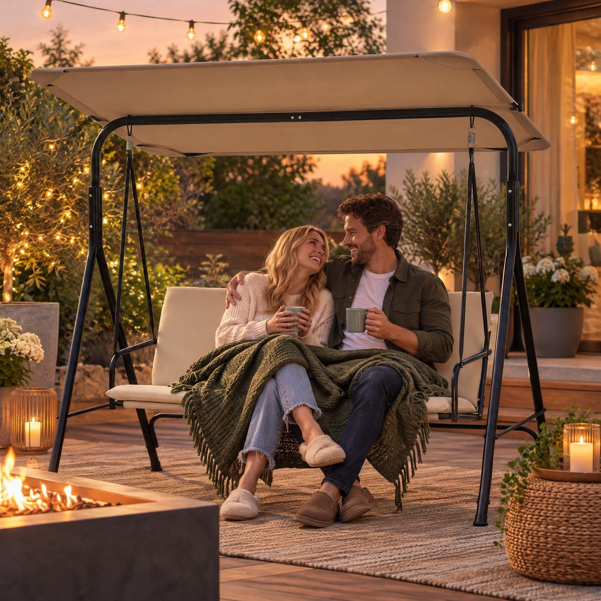 Airfind 3-Seat Patio Swing Chair with Adjustable Canopy and Removable Cushion, 800 lbs Capacity, Metal Polyester Fabric Sponge Mesh Fabric Frame