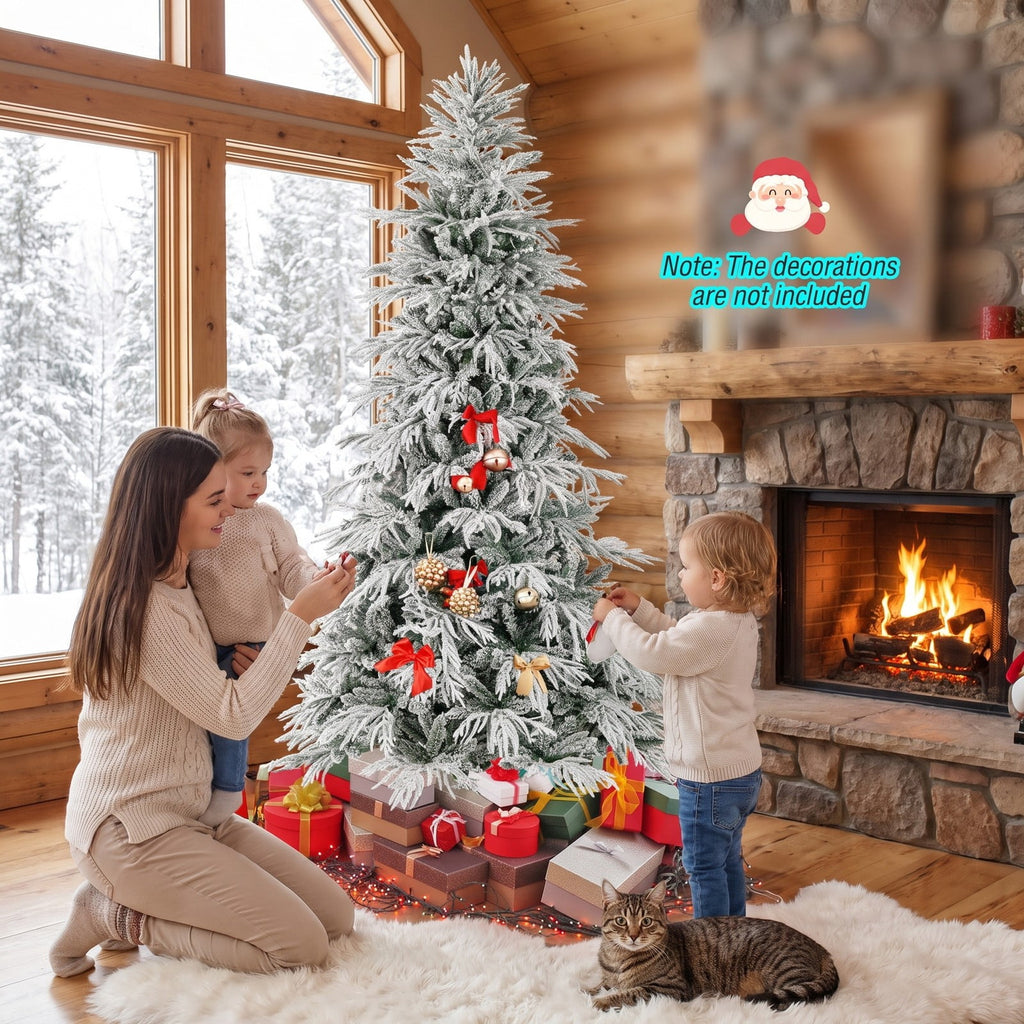 Airfind 8 Feet Snow-flocked Artificial Christmas Tree Pre, PE PVC Metal Tree Height 8/7/6 ft Tree Width 5/4.5/3.5 ft Frame, White