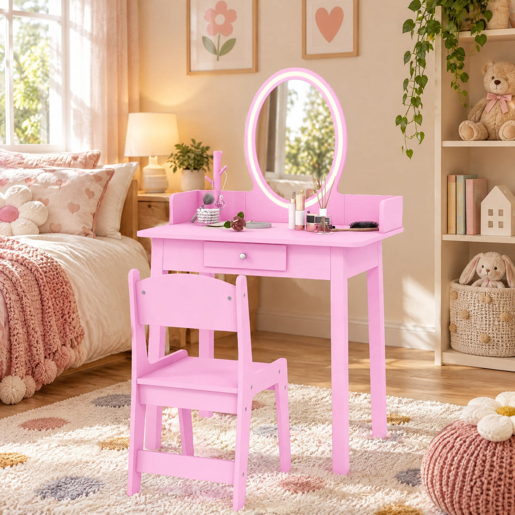 AIRFIND Kids Vanity Table and Chair with Lighted Acrylic Mirror, Drawer and Jewelry Organizer, Removable Mirror for Ages 3-8, Pink